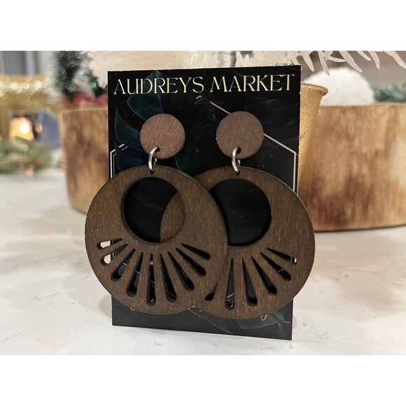 NEW Wood Starburst Mid Century Cutout Statement Earrings - Picture 1 of 3